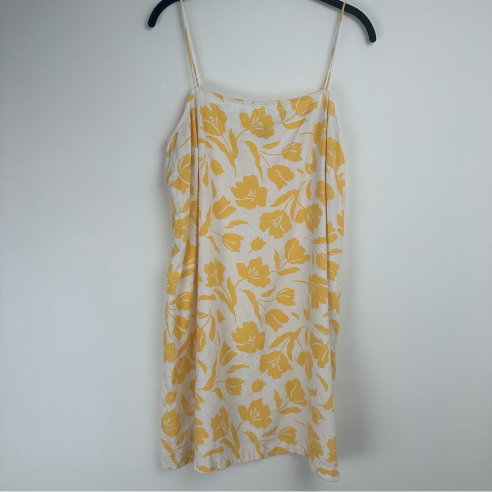 Old Navy Linen Dress‎ Size XL Yellow White Floral Short Beachy Resortwear